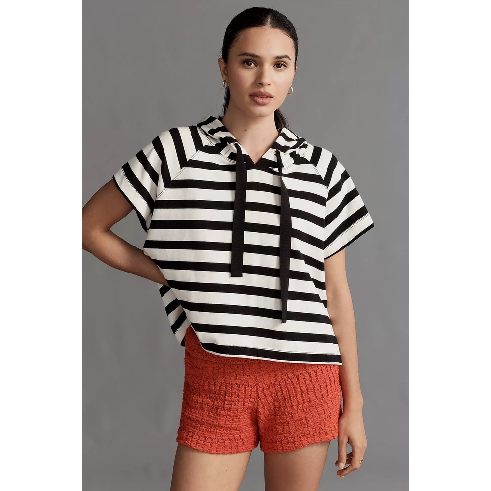 Maeve Anthropologie Boxy Striped Short Sleeve Hoodie XXS Black White Cotton